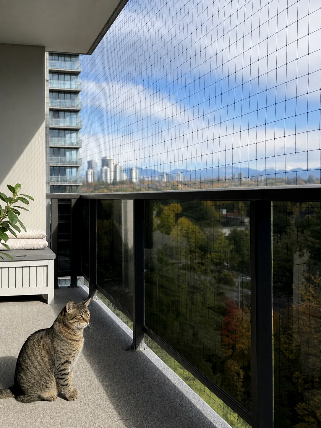 Cat sitting safely behind pet safety balcony netting